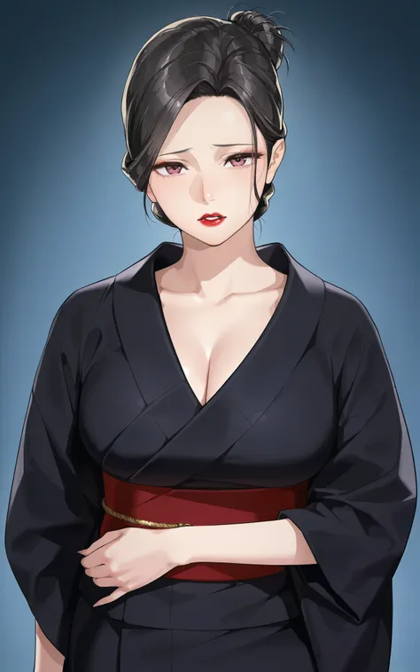 a mature woman standing in  ((black kimono)) with white aporon ,((folded hair bun)) in black color, ((red lips)), standing straight loking at viewer directly , ((front view)) fear expression