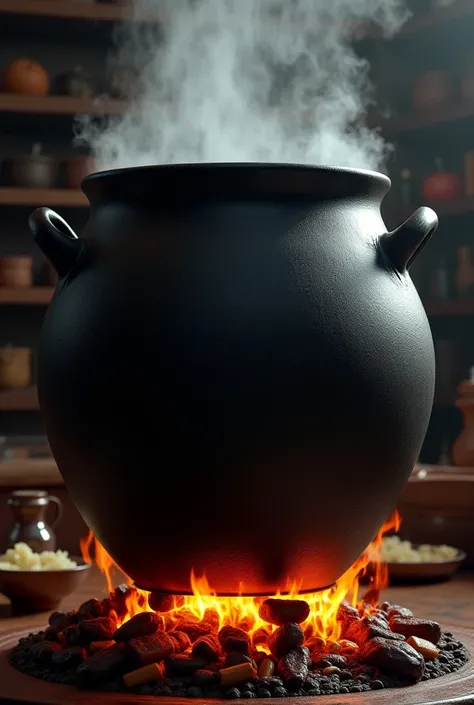 Create a black pot, Let it be a very tall and large pot ;  that you can feel the boiling sancocho and it is on a stove 
