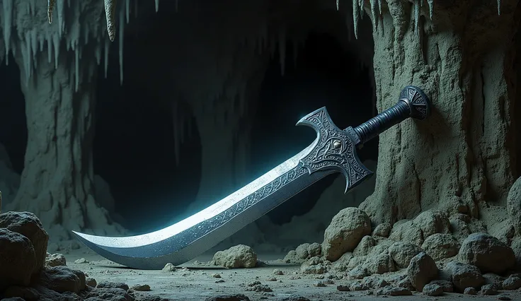 Create a high-resolution, highly detailed image of Glamdring, the Foe-Hammer. The sword should feature a slightly curved blade that shimmers with a silvery sheen, showcasing elegant elvish designs etched along its length. The hilt should be robust yet intr...