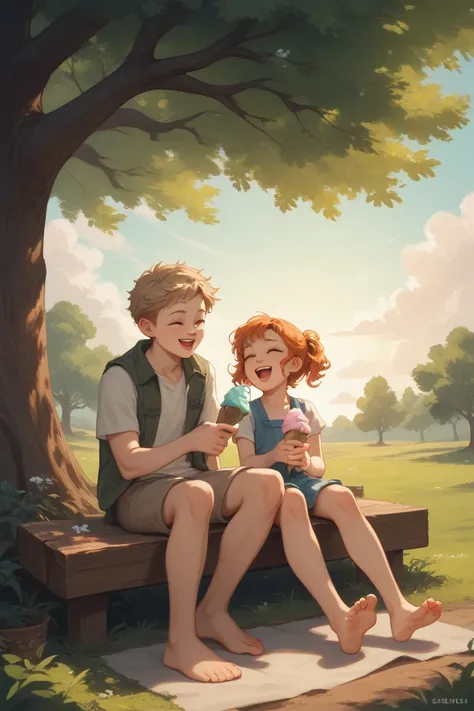 A peaceful countryside during sunset. A young boy with a quiet demeanor and a cheerful girl with a playful nature sit under a large tree. The girl, laughing with bright eyes, holds a melting ice cream cone high in the air, while the boy sits beside her, ga...