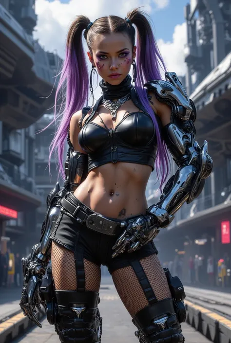 A Alita, muscular, slicked hair, brown purple hair in pigtails, cyberpunk, robot armor, leather crop top, hot shorts, fishnet stockings, military boots, tattoo, brown skin, purple eyes, makeup eyes, freckles, pink lipstick, athletic body, abs, muscular def...