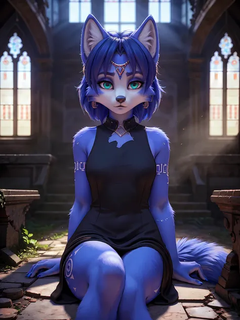 ((krystal)), Star Fox-Krystal, lovable,     green eyes, (((    long blue hair 1  .3))), Decollete, anthro, blurred,  detailed Fluffys fell,    detailed face  , (Fluffy),     1 girl, ,woman, Goth,     green eyes, Undercut,   ultra-realistic 8k CG    ,     m...