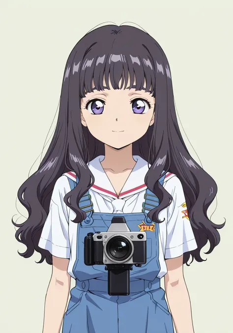  great quality,Contour_deepen,
official style, Daidouji Tomoyo , cardcaptor sakura, very aesthetic, best quality, intricate, overall detail, 1 girl, purple eyes, school uniform, camcorder, standing, light smile, simple background, facing the front, straigh...