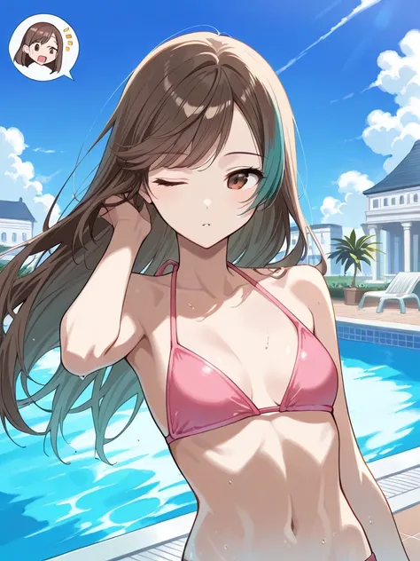  (Masterpiece, best quality), intricate details, JK, , upper body, hair blowing in wind, close up, content expression, brown eyes, very long brown hair with teal highlights, hand in hair, pink bikini, ((long swept bangs)), poolside, backside of mansion, tr...