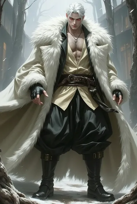 a big, strong man with a furry white wolfskin coat, and a large sword. Medieval beige shirt and black medieval tails, black leather boots, his eyes were a mix of orange and red, his hair white as snow. He was tall, his teeth were like fangs, his nails like...