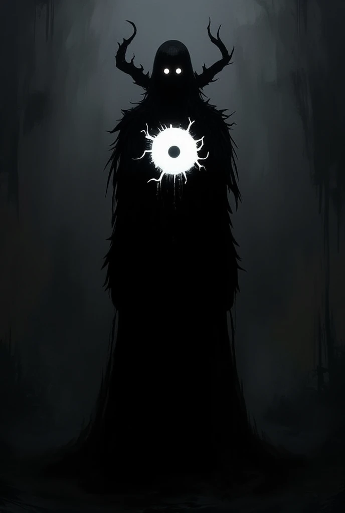 thin tall black silhouette of a two-meter man with a white eye in the center of his chest