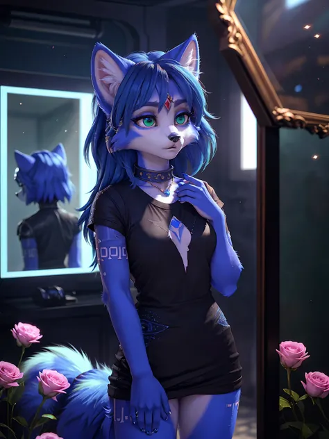 ((krystal)), Star Fox-Krystal, lovable,     green eyes, (((    long blue hair 1  .3))), Decollete, anthro, blurred,  detailed Fluffys fell,    detailed face  , (Fluffy),     1 girl, ,woman, Goth,     green eyes, Undercut,   ultra-realistic 8k CG    ,     m...