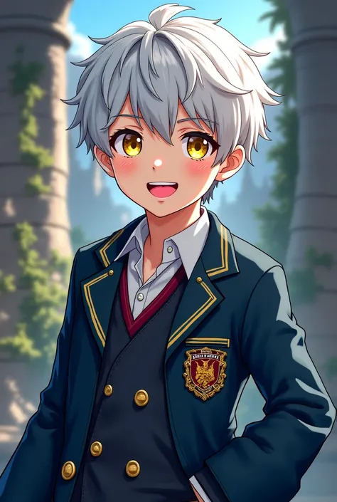 Age : 14. Race : human. Eyes : cheerful yellow, Hair : short white. Style : Anime. Gender : Male, wear wizard Academy School uniform, 