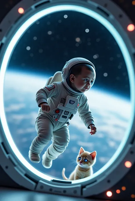 A futuristic toddler in a tiny astronaut suit floats weightlessly in a glowing space station. A small, robotic kitten with LED eyes hovers beside them, playfully tapping at the 's helmet. Through the window, Earth shines brightly against the backdrop of co...