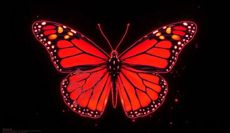 A photorealistic 8k image of a monarch butterfly, drawn with bright neon red lines, hovering mid-frame. A fine white outline traces the outer edges, sharply emphasizing its silhouette. Add a glitch effect with neon red pixels and digital fragments dissolvi...