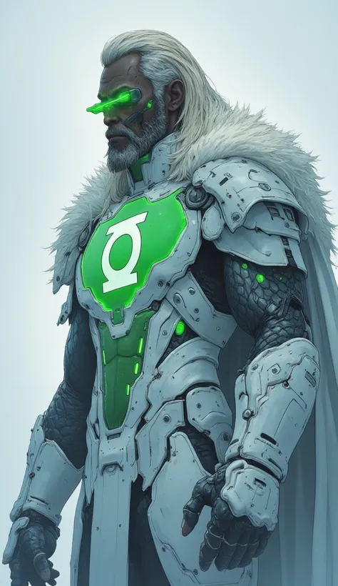 Closed up epic photography, of idris elba as savage green lantern, savage power, detail face,bearded and blonde Brided Long hair, the lanterns Eyemask,a vengeful stare, wear pure white blue bulk savage vikings Brutal armor (Larger And wider clean Futuristi...