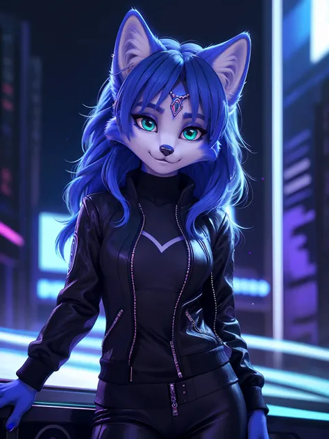 ((krystal)), Star Fox-Krystal, lovable,     green eyes, (((    long blue hair 1  .3))), Decollete, anthro, blurred,  detailed Fluffys fell,    detailed face  , (Fluffy),     1 girl, ,woman, Goth,     green eyes, Undercut,   ultra-realistic 8k CG    ,     m...