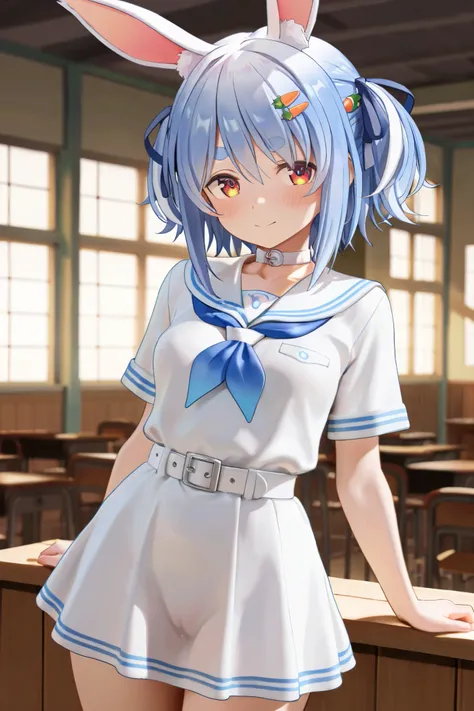 NSFW, Masterpiece, top quality, high resolution, very detailed,Usada Pekora\( Hololive\), short hair、 TWO SIDES UP、 hair clip、 white choker 、 sailor suit、 short dress、Short sleeve、 blue neckerchief 、White belt, Sex Friend,School,storehouse