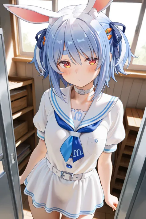 NSFW, Masterpiece, top quality, high resolution, very detailed,Usada Pekora\( Hololive\), short hair、 TWO SIDES UP、 hair clip、 white choker 、 sailor suit、 short dress、Short sleeve、 blue neckerchief 、White belt, Sex Friend,School,storehouse