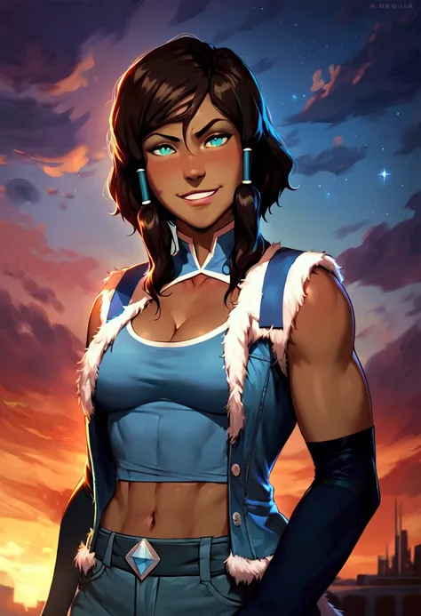 score_9, score_8_up, score_7_up, (Expressiveh:0.8), BREAK (Korra, Legend of Korra:1.1), BREAK 1girl, solo, Korra, posing , meduim perky breast, cleavage focus, (slim fit), pose , closeup , look at viewers, smirk, fit body, deep blue snake outifit with over...