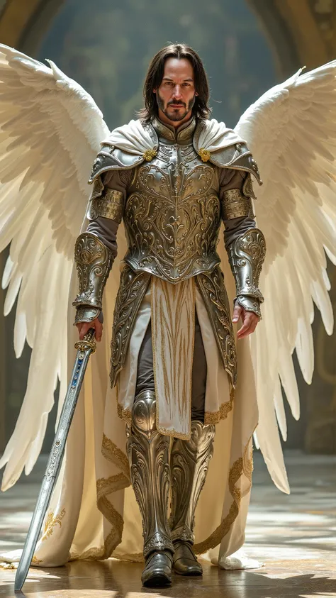 Keanu Reeves reimagined as a majestic angel Gabriel with giant white angel wings walking and holding longsword、dramatic atmosphere, 1 male、 long, dark hair flowing over his shoulders, a chiseled face with deep, intense eyes, and a calm yet commanding expre...
