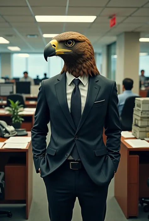 Create a picture of an eagle-headed person working in the field of debt collection for a bank

