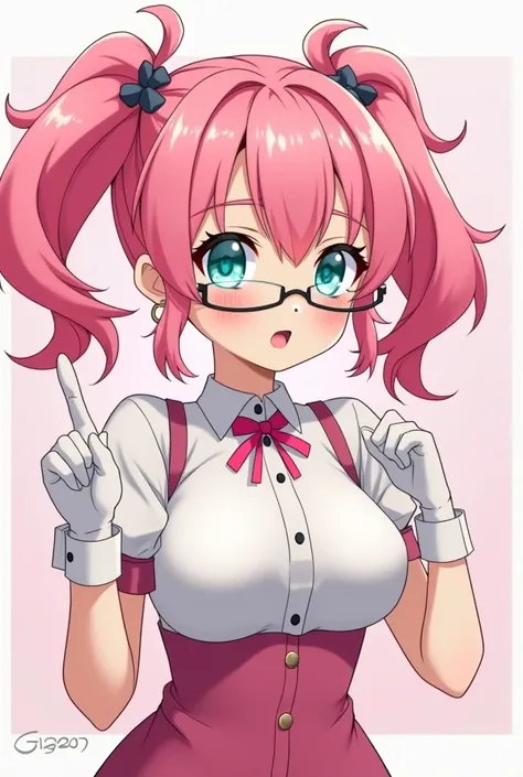 anime girl with blond hair, pink hair and glasses , render of a cute 2d anime girl, anime styled cg, 2d anime girl, anime stylized, pink twintail hair and cyan eyes, holding a pudica pose, junko enoshima, stylized anime, small curvy loli, twintails white_g...