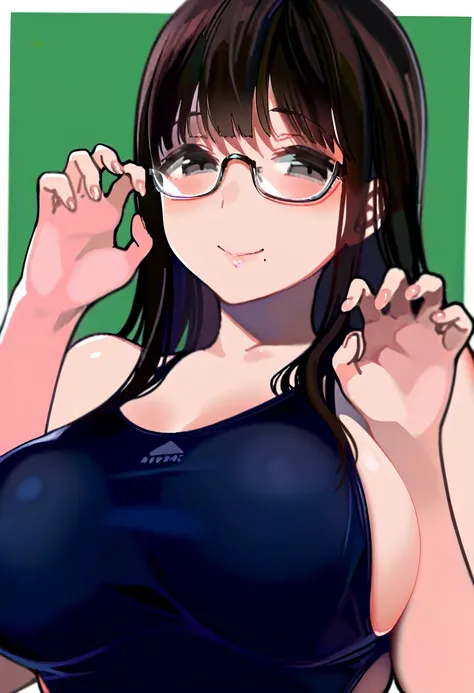  1 girl,Alone, mole under mouth, mole,glass, braided,chest, upper body,large chest, mouth, brown hair, watches viewers, long hair,big chest, competitive swimsuit,Black Eyes,smile, shoulders with chocolate,,  underrim eyewear,claw pose,((( Masterpiece, top ...