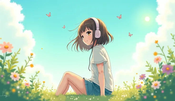 Anime style girl listning song with headphones in calm environment lofi in summer days