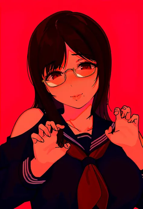  1 girl,Alone, mole under mouth, school uniform , mole,glass, braided,Sera Clothing,chest, upper body,large chest, mouth, brown hair, watches viewers,  simple background, neckerchief , long hair,yellow-framed eyewear,big chest, Long Sleeve,black Sera Cloth...