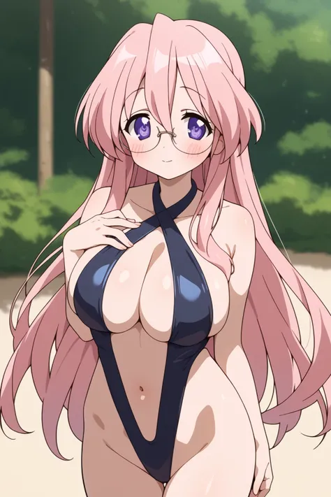 masterpiece,best quality,{{detailed beautiful face and eyes}}, very detailed background,
Miyuki Takara,{{{megami magazine}}},long hair,pink hair,glasses,hair between eyes,purple eyes,large breasts,
((black swimsuit high leg swimsuit,slingshot swimsuit,cris...