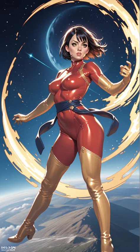  1girl, solo, JeanGrey; red bodysuit, golden elbow gloves, golden thigh highs, sash, high leg cut out unitard, boob window in unitard, ((thighs showing)), ((calf-high boots)), floating in space, arms out in power pose, short black hair, full body, aged 20