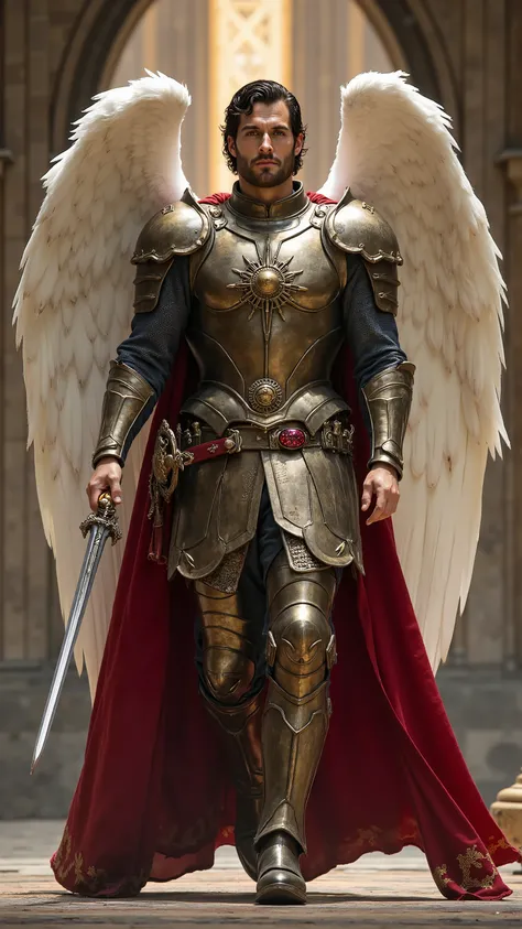 Henry Cavill reimagined as a majestic angel Uriel with huge white angel wings with detailed feathers walking and holding longword、dramatic atmosphere, 1 male、 short, wavy dark hair, a strong jawline, and piercing steel-gray eyes that convey both wisdom an...