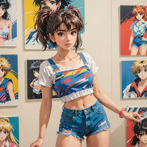 80's anime screencap, girl wearing a cropped top and short shorts, artistic rendition with wide brush strokes, anime comic