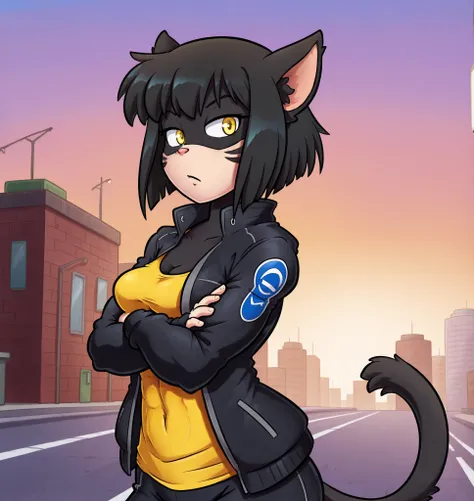 score_9, score_8_up, score_7_up, BREAK 1girl, solo, rachaelsaleigh, cat girl, black fur, yellow eyes, animal ears, cat tail, black hair, short hair, medium breasts, outdoors, walking, 
looking at viewer, toned, crossed arms,  upper body, 
yellow tank top, ...