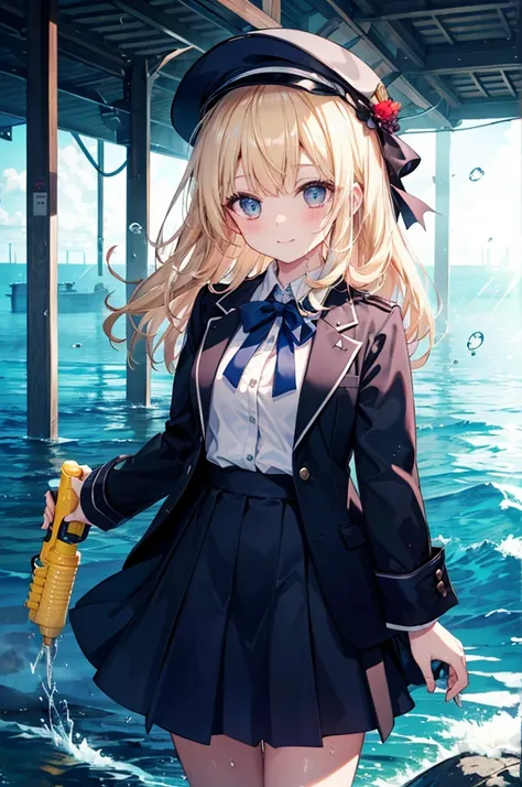 (8k,  top quality,  Masterpiece: 1.2), ultra high resolution, 1 person,  cute,  alone, very detailed face,  standing,  blond,  blazer,  shirt,  blouse, ribbon,  NAVY BLUE のシワ付スカート,  NAVY BLUE , Gothic Long Skirt, sea, sea水浴, soaked,  water play , Water gun...