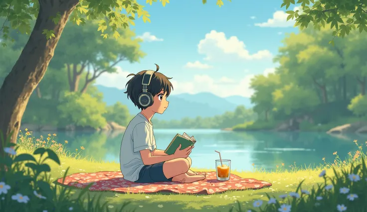 Anime style boy listning song with headphones in calm environment lofi in summer days enjoying book with fresh juice