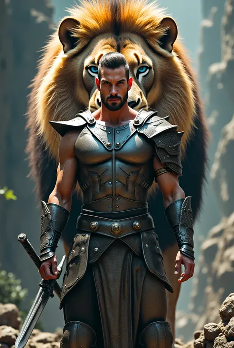 A muscular man with blue eyes holding a sword and a lion behind him