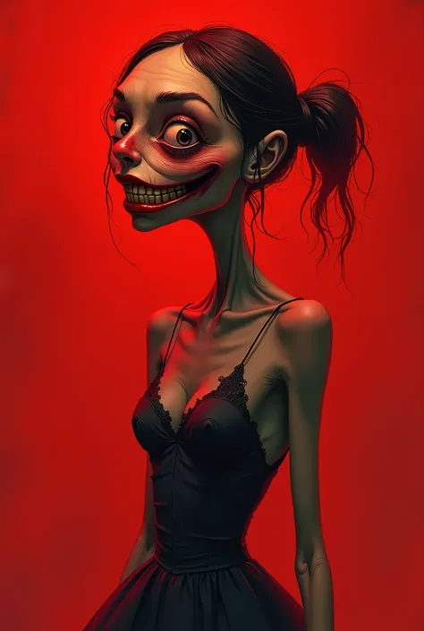  a woman, thin,  in a dress , With a lunatic smile, head tilted to the side,  in shades of red, drawn with Tim Burton's features