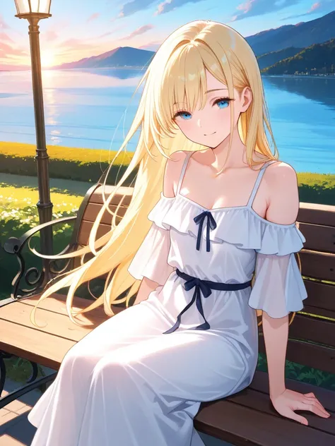  a woman,with long blonde hair, sitting on an outdoor bench , wearing a white dress  