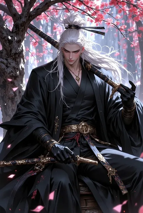 a man dressed as a swordsman, black manhwa swordsman's uniform, with long white hair tied up, wearing a head belt,  holding a long sword and a sharp eye spotlight, sitting under a tree with shades of falling cherry, gripping shades and flashes of light all...