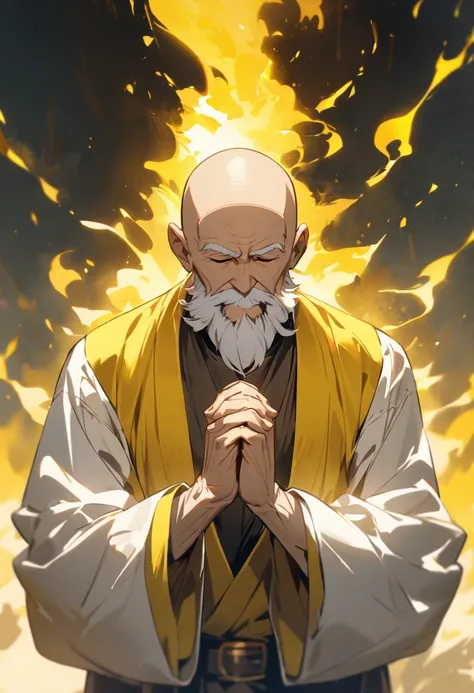 old man, bald head, white beard, closed eyes, high quality, yellow aura, cool, clasp hands in prayer