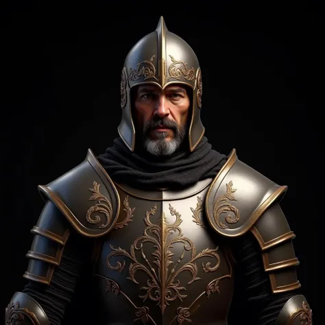 portrait of an armored knight with medieval embroidery on black background
