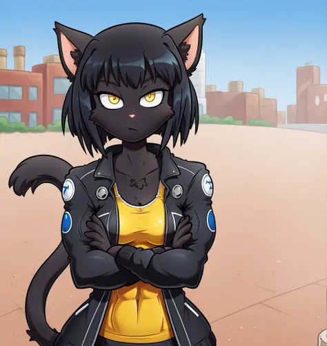 score_9, score_8_up, score_7_up, BREAK 1girl, solo, rachaelsaleigh, cat girl, black fur, yellow eyes, animal ears, cat tail, black hair, short hair, medium breasts, outdoors, walking, 
looking at viewer, toned, crossed arms,  upper body, 
yellow tank top, ...