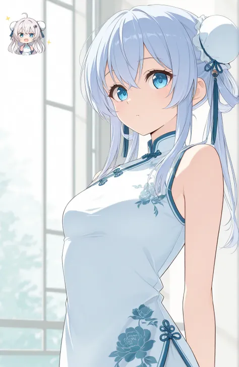  Character Design Drawing , Chinese clothes in white and light blue,  sleeveless, woman,  Masterpiece,  top quality,   great quality ,  so aesthetic,  high resolution,  Super Detail,  anime style, 