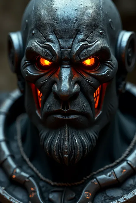  A Warforged with a severe and unwavering expression ,  with a face sculpted in polished black metal ,  showing firm features and a strong jaw .  His eyes shine with an intense orange light , almost like burning embers .  Small grooves on his face shine in...