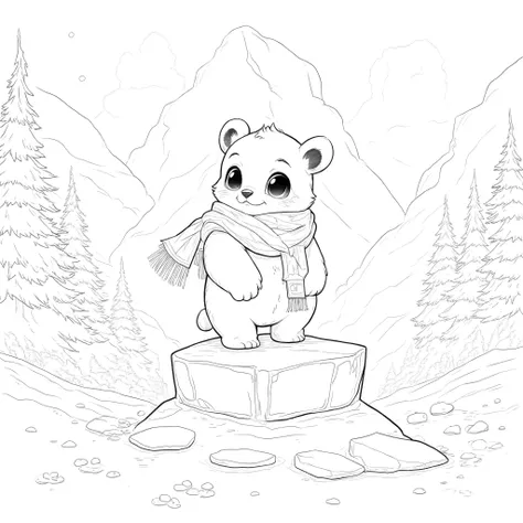 A panda wearing a small scarf, standing on a chunk of ice, with a curious expression. The mountains are snowy, the pine trees are covered in ice, and there may be panda footprints in the snow. .simple outlines perfect for a coloring page.