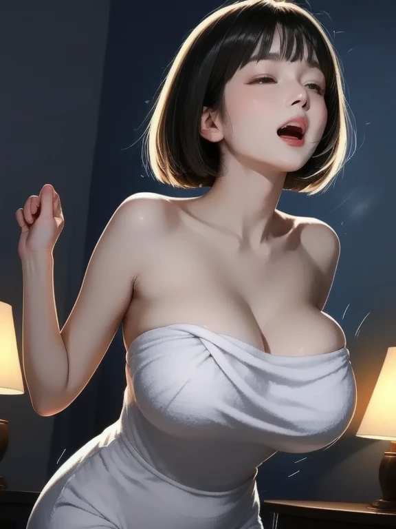 a beautiful matronly woman with abnormally huge round breasts, (((thin body))), pleasant smile, vibrant flare skirt shirtwaist dress, long gray hair, realistic profile view, looking directly at the camera, her breasts are huge, bulging, and well-rounded