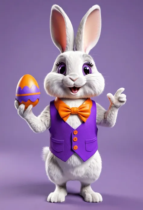 CREATE A YOUNG, HAPPY 3D RABBIT WEARING A PURPLE AND ORANGE VEST HOLDING AN EASTER EGG IN HIS HANDS