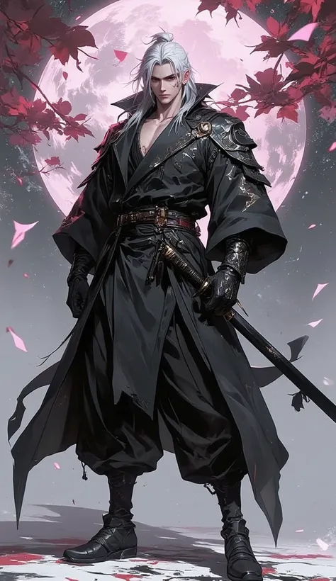 a man dressed as a swordsman, black manhwa swordsman's uniform, with long white hair tied up, wearing a head belt,  holding a long sword and a sharp eye spotlight, standing on a footstone with shades of falling sakura, gripping shades and flashes of light ...