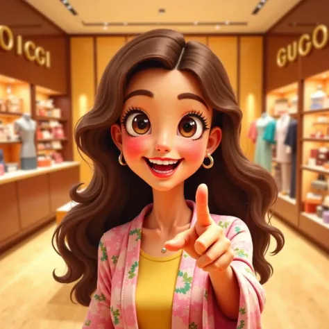 "A highly detailed, vibrant, and expressive animated-style young woman with long, wavy brown hair and large, sparkling brown eyes. She has a wide, joyful smile with rosy cheeks and is pointing directly at the viewer in an engaging and lively manner. She we...