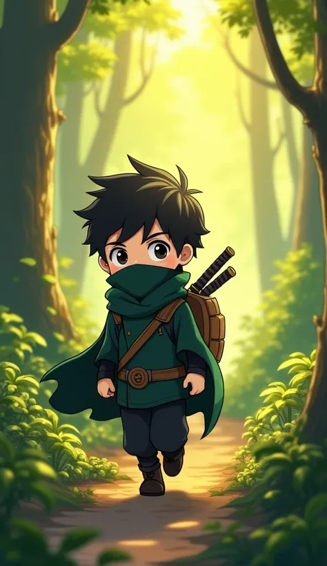 A chibi-style young ninja boy walking through a mystical forest, wearing a dark green cloak, black ninja outfit, and a scarf covering his mouth. He carries a wooden backpack with two katanas strapped to it. The forest is bathed in warm golden sunlight, wit...