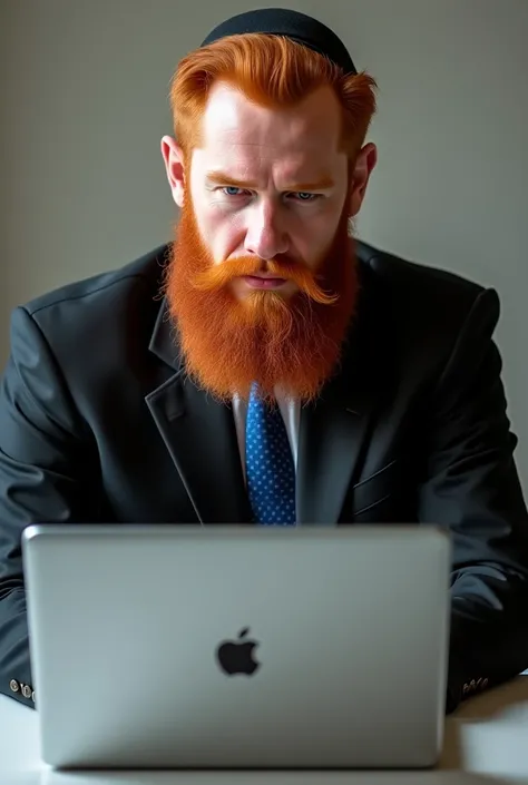 Red-haired Jewish man with a big beard wearing a black suit and blue tie and white dress shirt touching an Apple notebook. realistic 