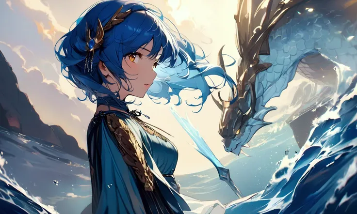 1. Pretty girl, 20s,  glamour, Super Fine , masterpiece,  High Quality,  beautiful, God of Water , ocean,  blue hair, Refined ,  Trident possesses , Mysterious , Poseidon,  Golden Eyes , gloss, Dragon rise, Half body shot 