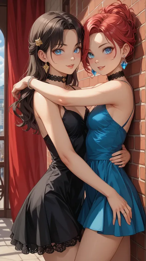 ( 2 women) 、they are hugging and leaning against the wall,( erotic scene), Beauty、Blondes、 bob hair、 straight、Sideburns、 Center-Parted Bangs、 expressive hair 、Silky Hair、 round eyes、 blue eyes、Shining Eyes、Eye Reflexes、 textured skin、flat breasts、 slim, se...